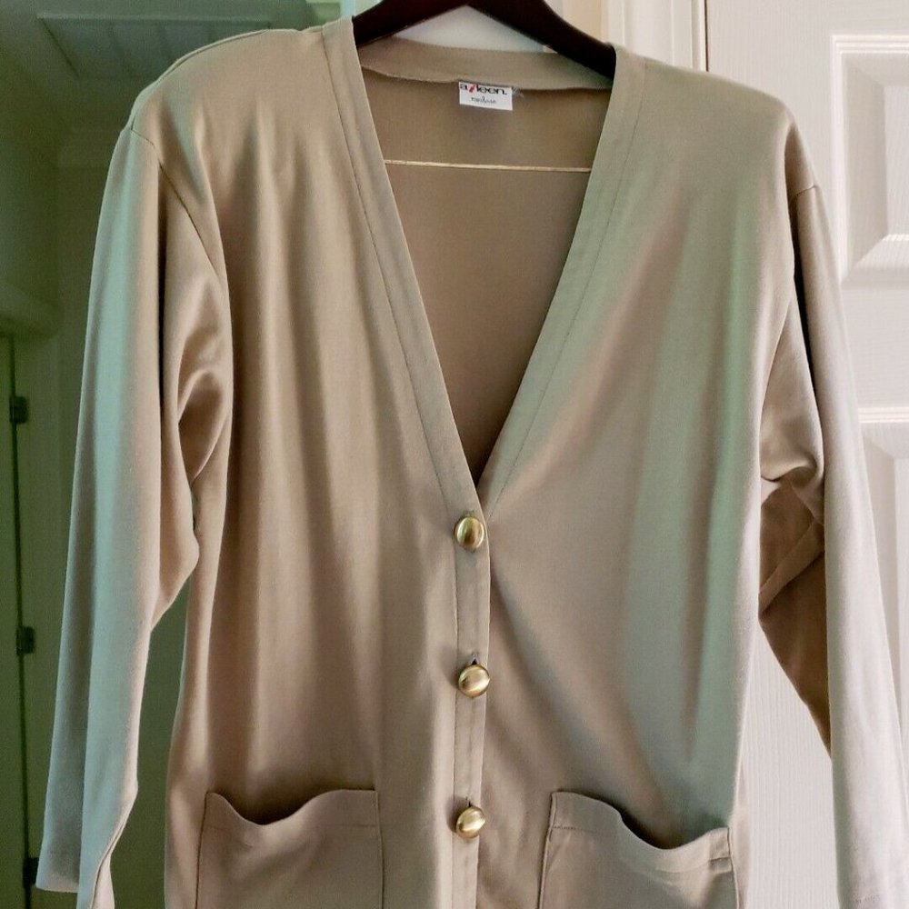Aileen Beige Knit Cardigan Sweater Gold Accent Buttons Small